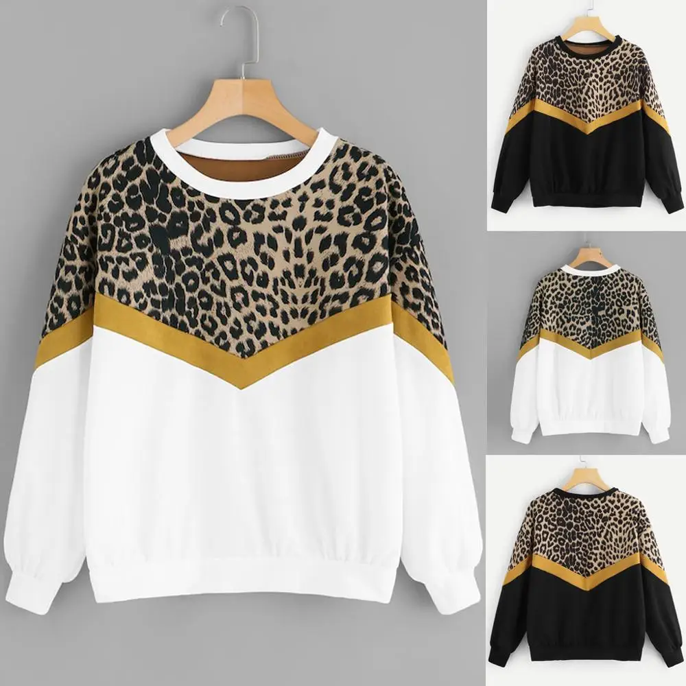 

New Arrival Spring Fashion Womens Casual Long Sleeve Patchwork Leopard Print O-Neck Tops Korea Style Dynamic Women Blouse Shirts
