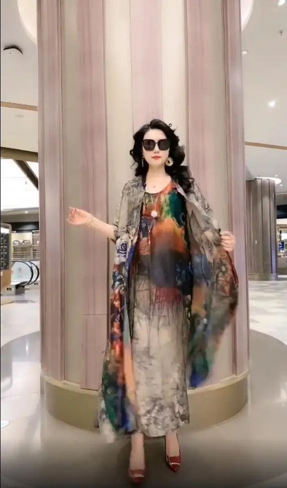 Silk Dress Two-Piece Women's Elegant Floral Plus Size Dress Casual Beach Vintage Long Dress mother dress 2021 Summer New Fashion dress shops