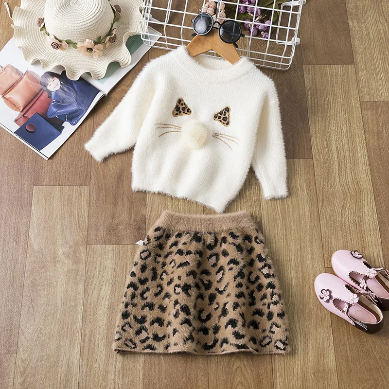 

Осень 2020, детские костюмы с юбкой, Однотонный свитер для маленьких девочек, бархатные леопардовые юбки с принтом, комплекты детской одежды из 2 предметов