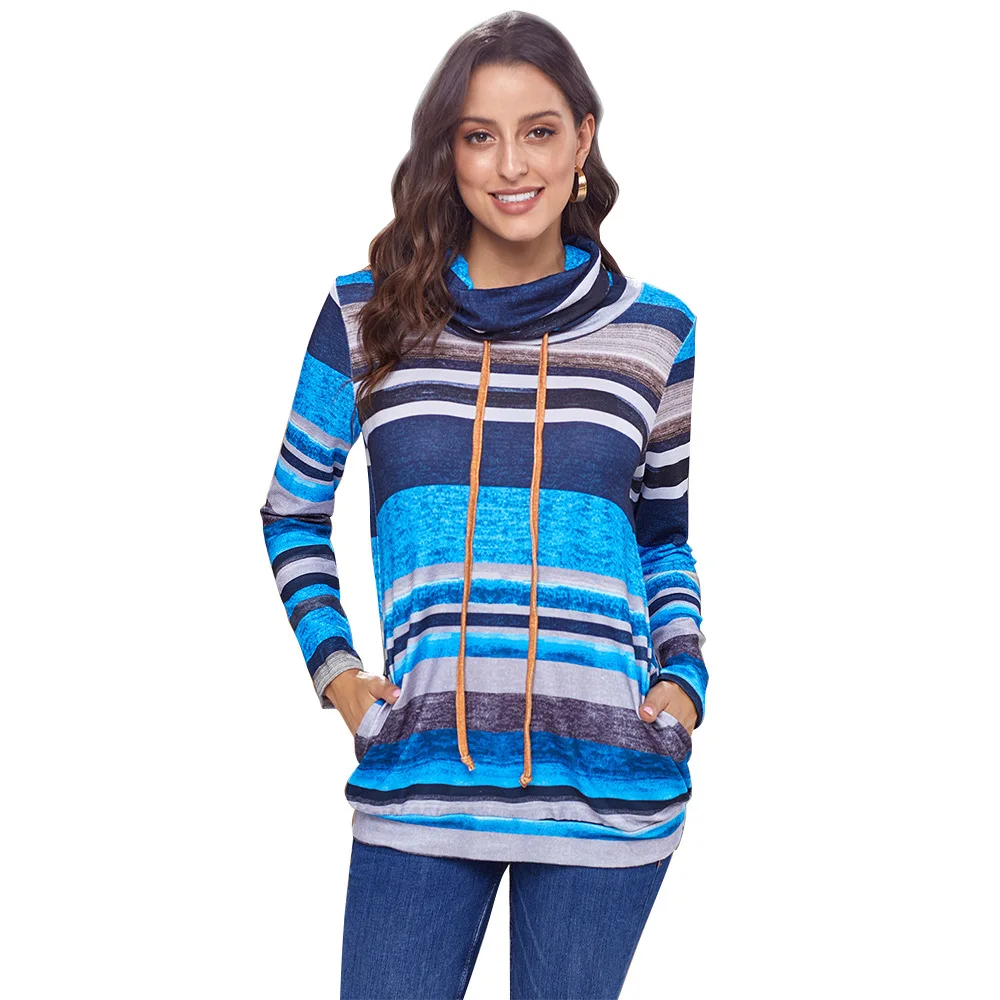 Turtleneck Sweater Women Autumn Winter Long Sleeve Sweater Striped Multicolor Casual Pullover Lace Up Knitted Sweater Tunic