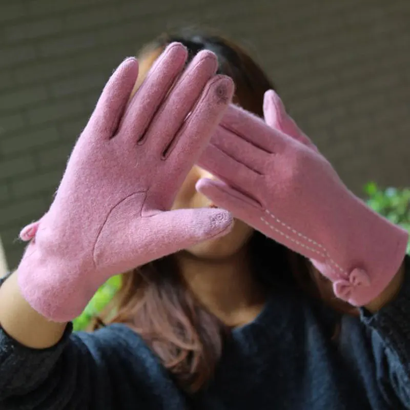 Элегантные женские шерстяные перчатки с сенсорным экраном Модные женские кашемировые перчатки с бантиком теплые мягкие перчатки с вышивкой - Цвет: pink
