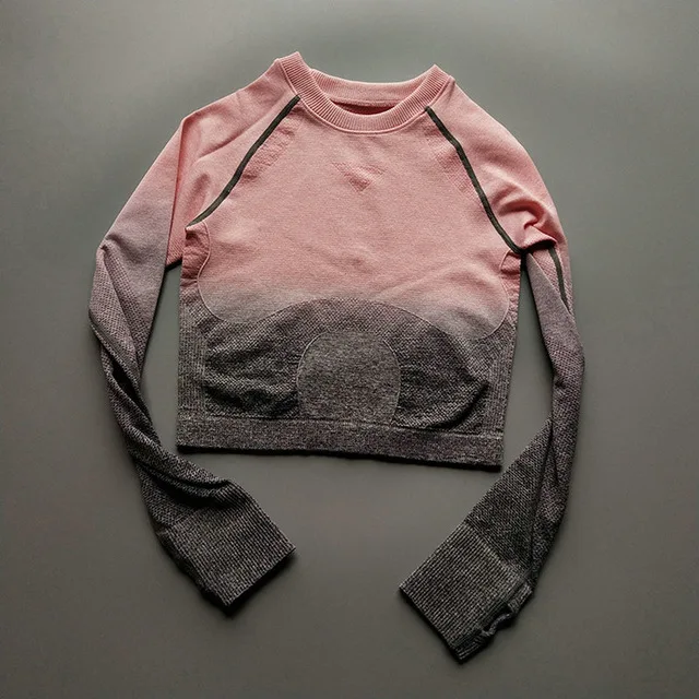 Dark gray-pink Эффектом деграде(переход от темного к бесшовные укороченные топы, длинный рукав, для йоги рубашки Для женщин Спортивная футболка с вырезом для большого пальца, Для Бега Спортзала фитнеса активная тренировка одежда - Цвет: Dark gray-pink