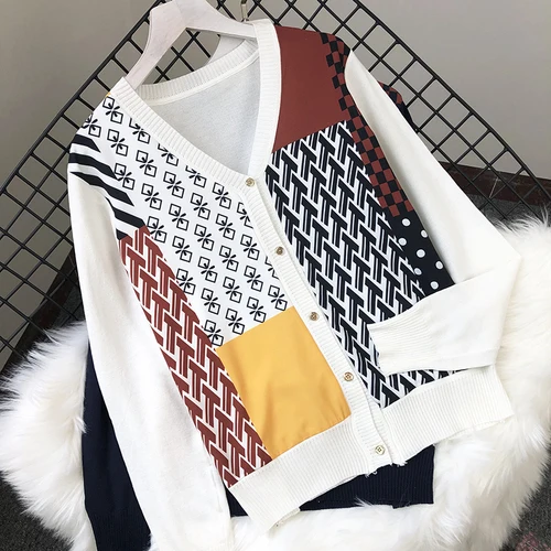 Neploe/Новинка года; сезон осень; вязаный кардиган с принтом «N-Neck»; вязаный кардиган с лоскутной пуговицей; свободный свитер для женщин; 45902 - Цвет: photo color 4