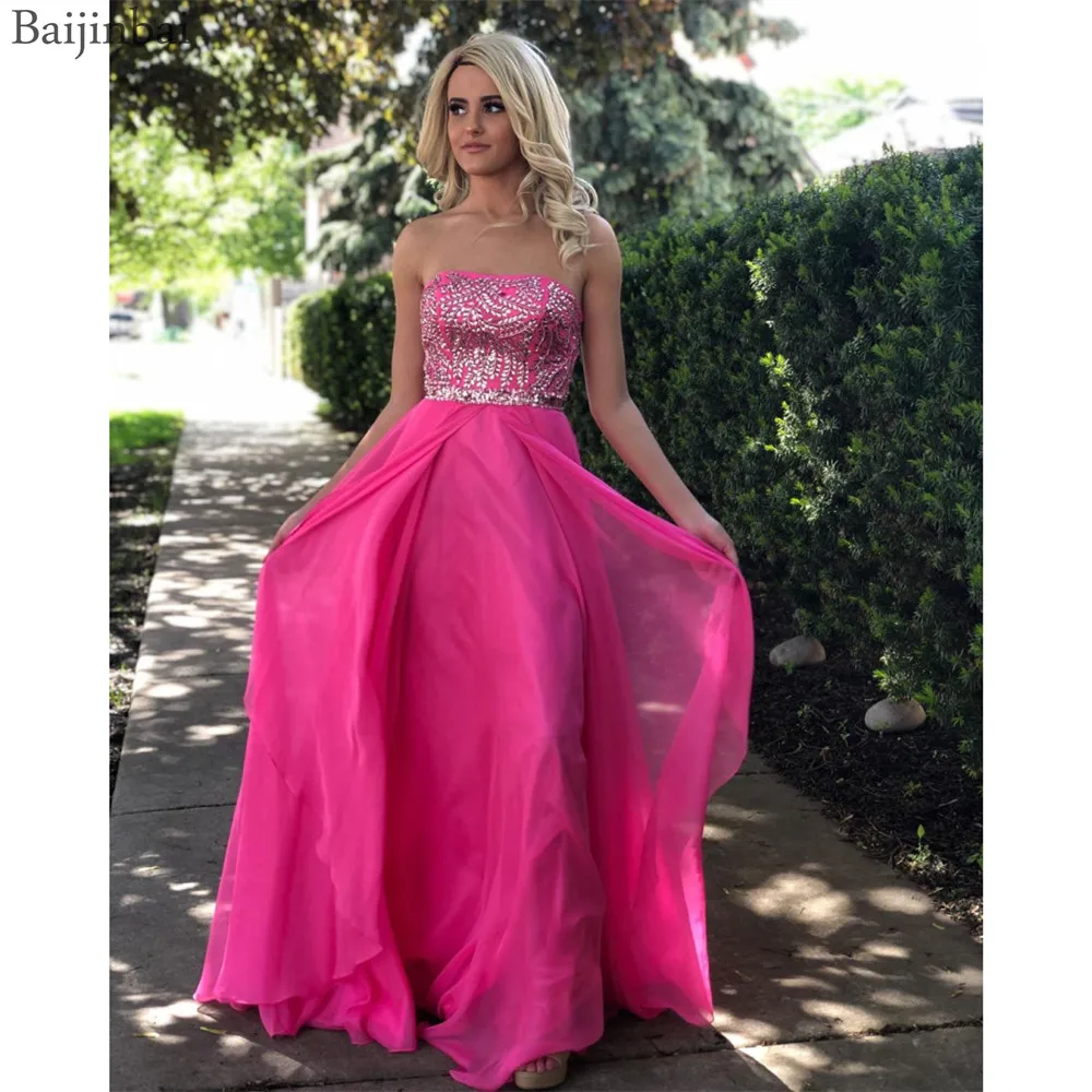 

Baijinbai Long Party Prom Gowns vestido formatura A line Beading Strapless A-line Chiffon Evening Dresses Gowns for Party Formal