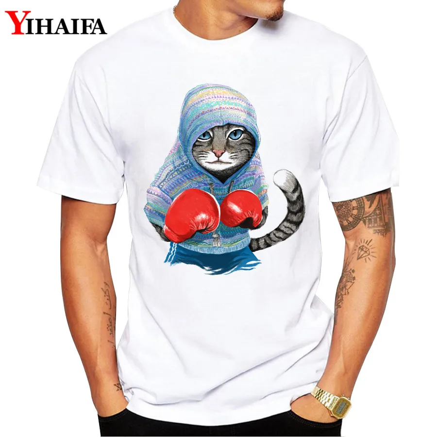 

YIHAIFA Brand Men T-Shirt gym Boxing Cat Print Summer Short sleeve Slim Fit Round Neck White Printed Tee Shirts Hombre