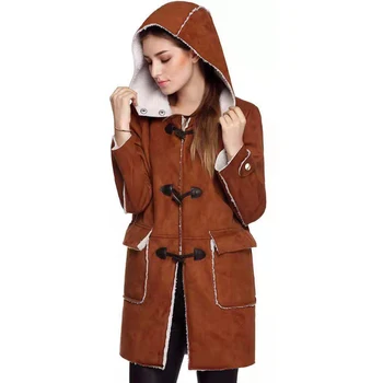

2019 Faux Sheepskin Winter Autumn Jacket Women Horn Button Long Coat Hooded Collar Thick Lamb Wool Warm Coat Female Clothes