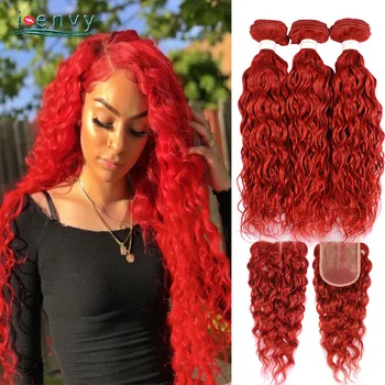 

Bright Red Water Wave Bundles With Closure Blonde Brazilian Hair Weave Bundle With Closure Colored Human Hair #99J Bundles Remy
