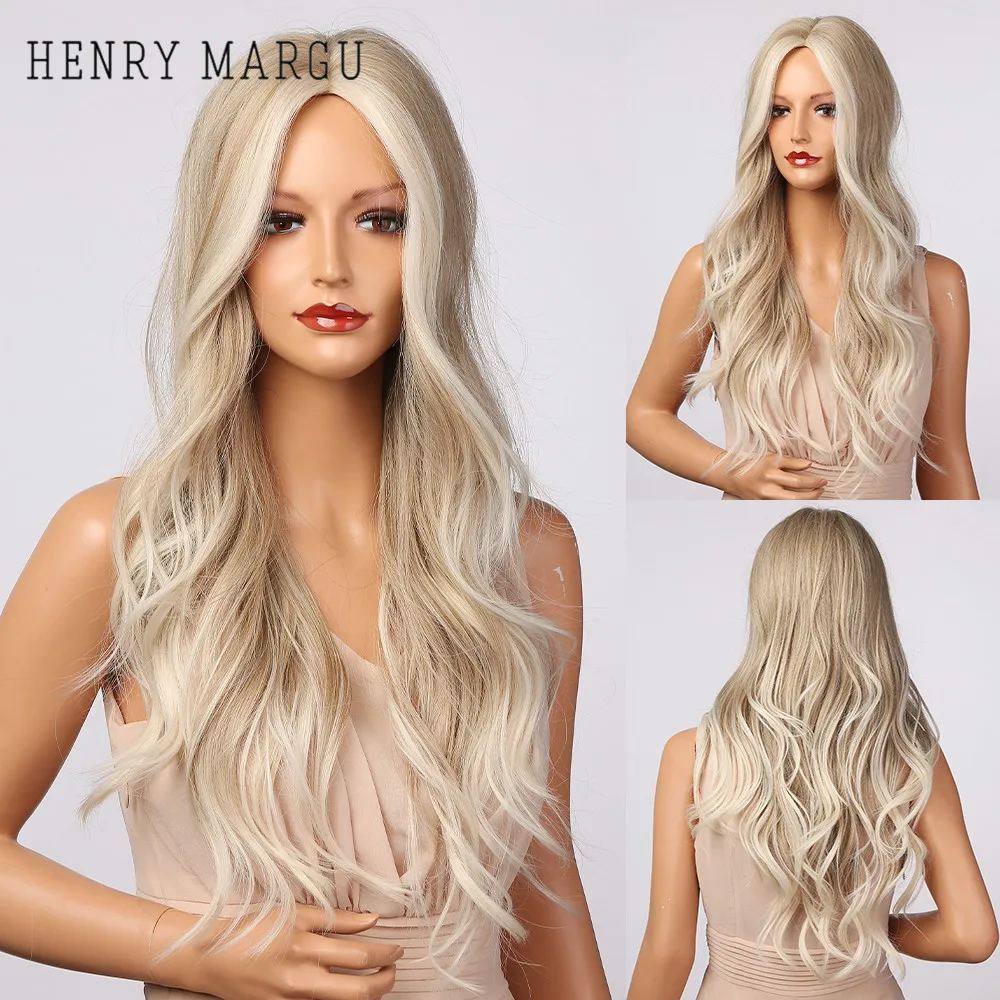 HENRY MARGU-Peluca de cabello sintético para mujer, pelo largo ondulado, color marrón claro, gris, ceniza, Rubio y blanco