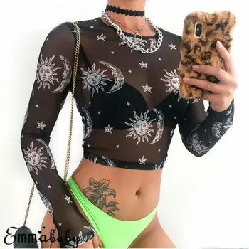 

New 2020 Sexy Women Sheer Mesh Cupid Tee Sun Moon Print Long Sleeve Slim Crop Tops Crow Neck Transparent Tee Top