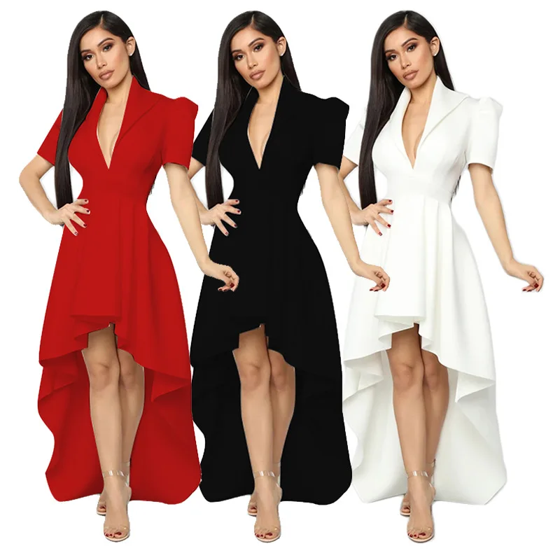 

Vintage Asymmetrical Long Dress Women Puff Sleeve Turn-down Collar Dresses Sexy Party Club Draped Outfit Women's Clothes 2020