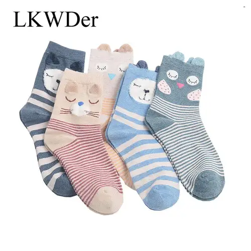 여성용 귀여운 귀 양말, 여우 곰, 부드러운 만화 양말, 튜브 동물 소녀, 달콤한 줄무늬, 캐주얼, 봄, 가을, 신상, 5 쌍 3