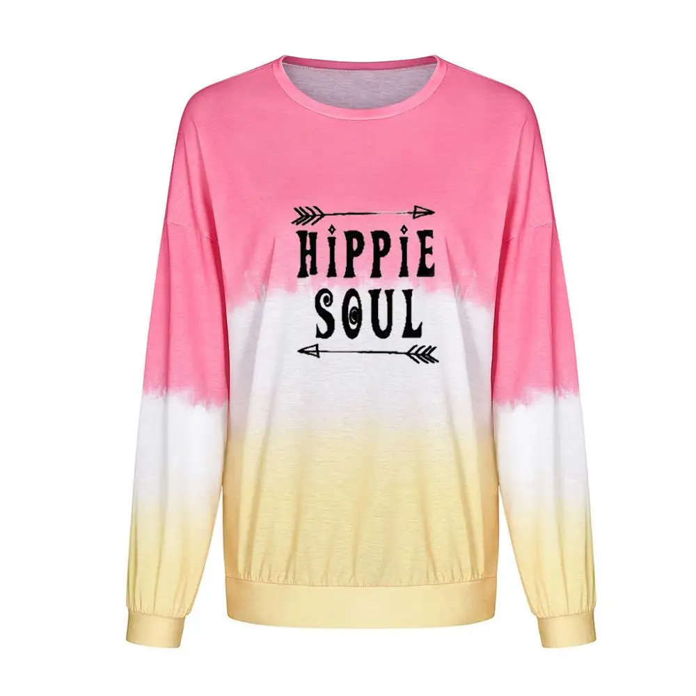 Women's Casual T shirt O-Neck Gradient Contrast Color Long Sleeve Top Sweatshirt Shirt Outdoor Sport Tops Female Clothing