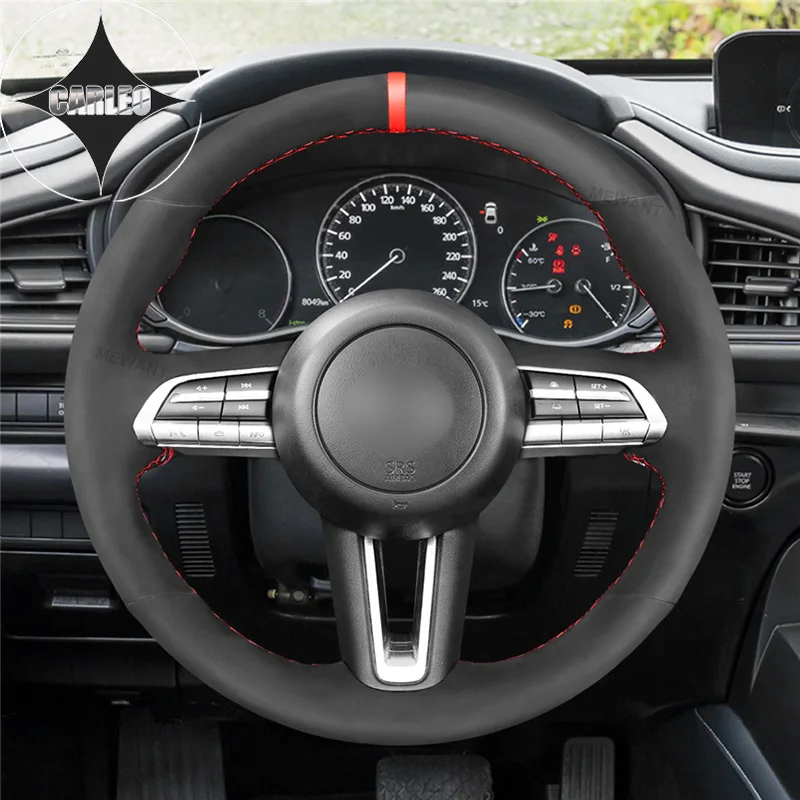 

DIY чехол рулевого колеса автомобиля для Mazda CX-30 CX30 19-20 Mazda3 Axela 19-20 натуральная черная замша и кожа шить на заказ держатель