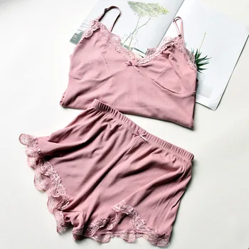 

Two Pieces Cotton Womens Sexy Lace Pajamas V-neck Sleeveless Pajamas Cute Top Cami and Shorts Elastic women's home clothes