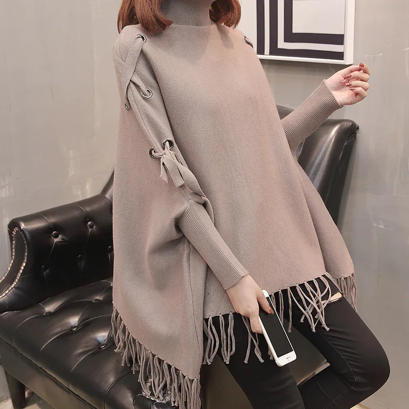 

Korean-style High Collar Hem Tassels Bat Sleeve Sweater Sweater 2019 Autumn New Style Lace-up Loose And Plus-sized Cloak