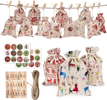 

48pcs/lot Linen Cotton Bag Christmas Ornaments Candy Bag Jewelry Packaging Bags Cute Drawstring Xmas Gift Bag & Pouches
