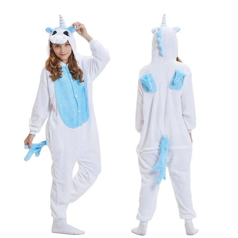 Blue Unicorn Детские пижамы; зимняя одежда для сна; комбинезоны для мальчиков; пижамный комплект для девочек; Милая Пижама кигуруми с единорогом и скелетом; детская пижама - Цвет: Blue Unicorn