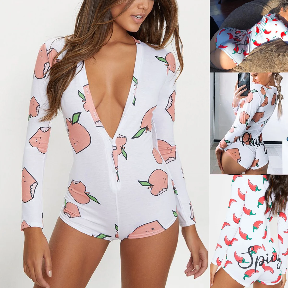 2020 Summer Women Sexy Deep V Neck Stretch Romper Sleepwear Long Sleeve Printed Casual Pajama Jumpsuit Body Top
