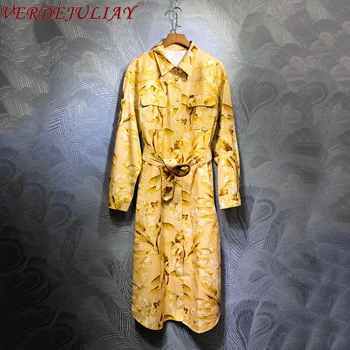 

VERDEJULIAY 2020 Spring New Tooling Style Straight Dresses Women Sashes Pockets High Quality 100% Cotton Leaves Print Midi Dress
