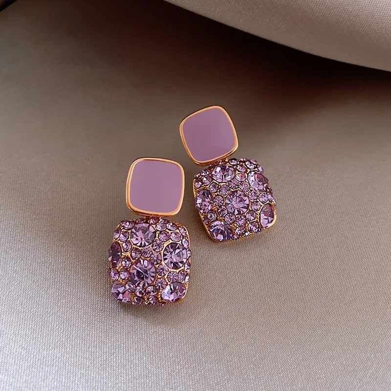 Women Earrings Jewelry Crystal Heart Shiny Purple Sweet Korean Fine-Fashion Lovely Geometric