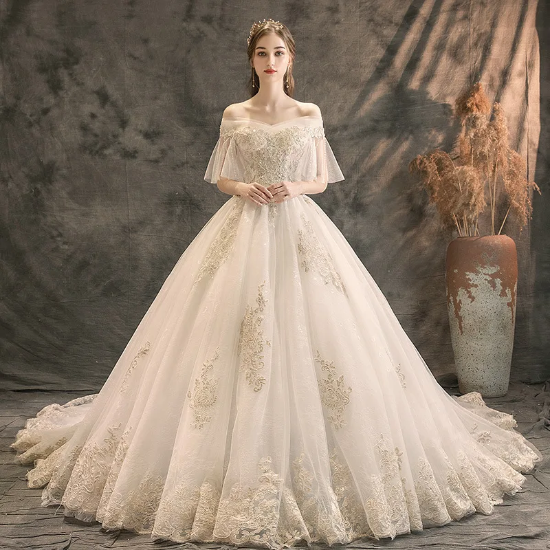 

Кружевное бальное платье принцессы с аппликациями, свадебное платье с длинным шлейфом, вырезом лодочкой и короткими рукавами, 2024