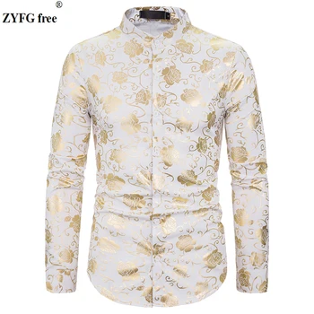 

New style men men rose print long sleeve shirts men's fashion casual shirts slim fit Plus size shirt men Tops stand-neck shirt