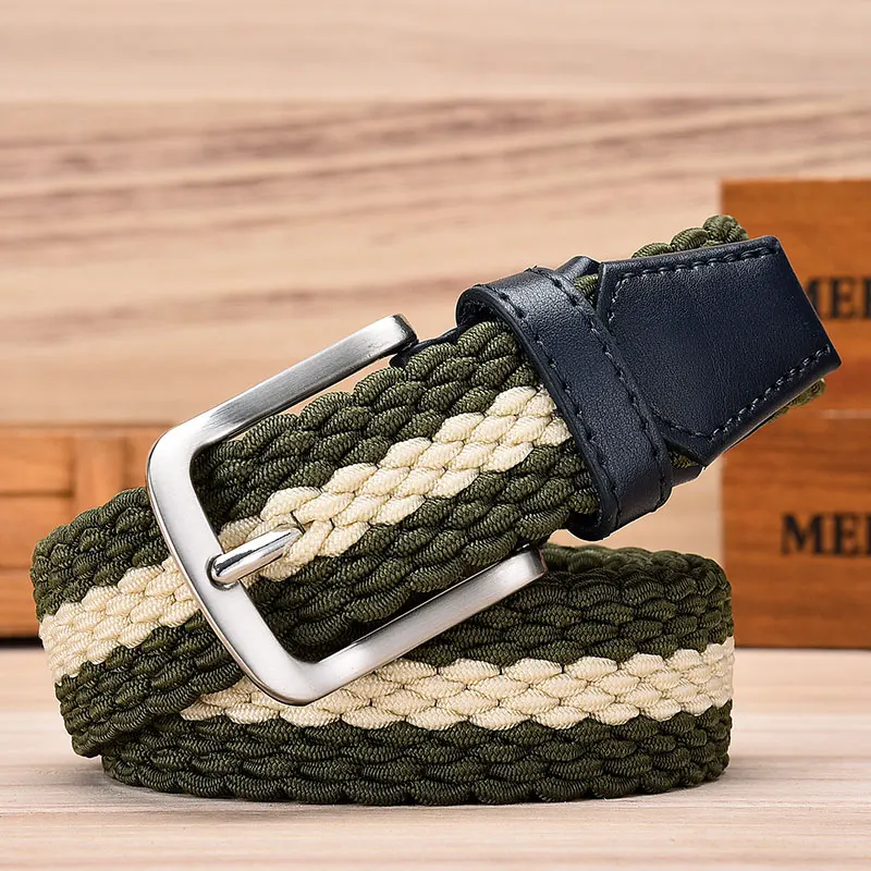 Fashion Casual Stretch Woven Belt With Leather Tip Top Elastic Belts For Men Jeans Mixed Color Braided Strap Zinc Alloy Buckle - Цвет: Dark Green Grey