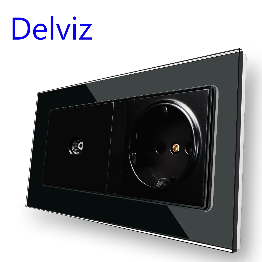 Delviz Wall Double 16A Outlet, With 5V 2A USB charging Ports,AC 110V~250V, Black Tempered Crystal Glass Panel EU Standard Socket