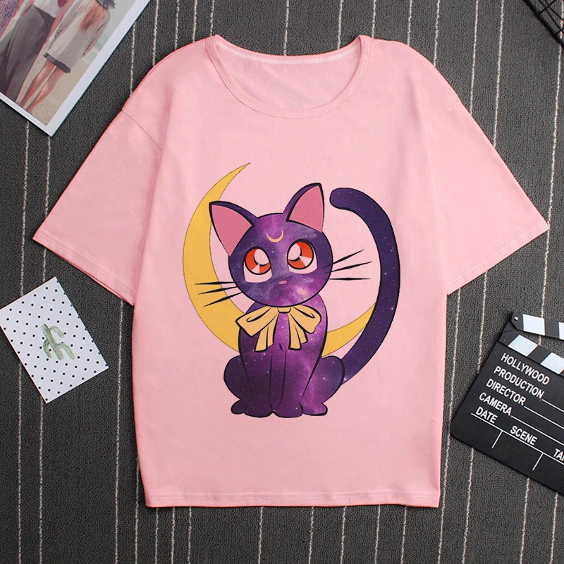 Sailor Moon 90s Funny Pink T Shirt Harajuku Clothes Tshirt Aesthetic Cat Anime Vogue T-shirt Kawaii Graphic Tees Ullzang Women