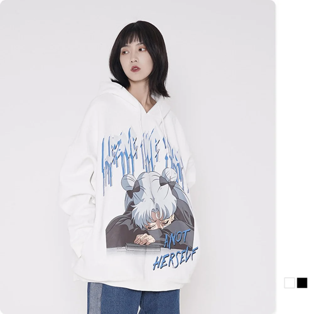 

Men Two Dimensional New Girl Print Fleece Hoodie 2021 FW Casual Unisex Loose Fit Hoodie Streetwear Men Warm Hip Hop Hoodie