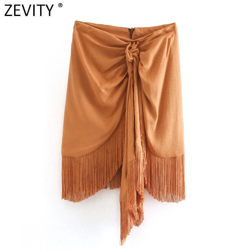 Zevity-Falda ceñida informal para Mujer, falda lisa de Bajo anudado con borlas y cremallera en la espalda, Vestido Mini QUN697