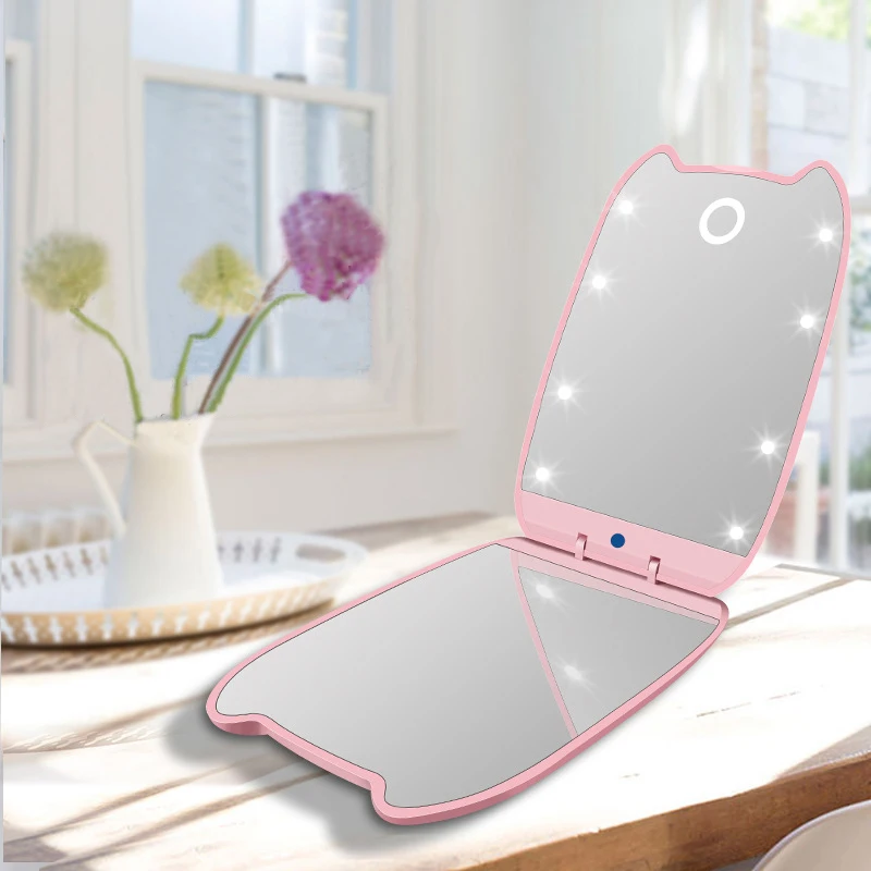 

Cute Mini Portable Led Makeup Mirror With Light Double-Sided Folding With Magnifying Glass Gift Small Portable Mirror