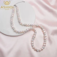 ASHIQI Настоящее натуральное пресноводное жемчужное ожерелье с белой глиной циркониевый шар ювелирные изделия для женщин Подарки