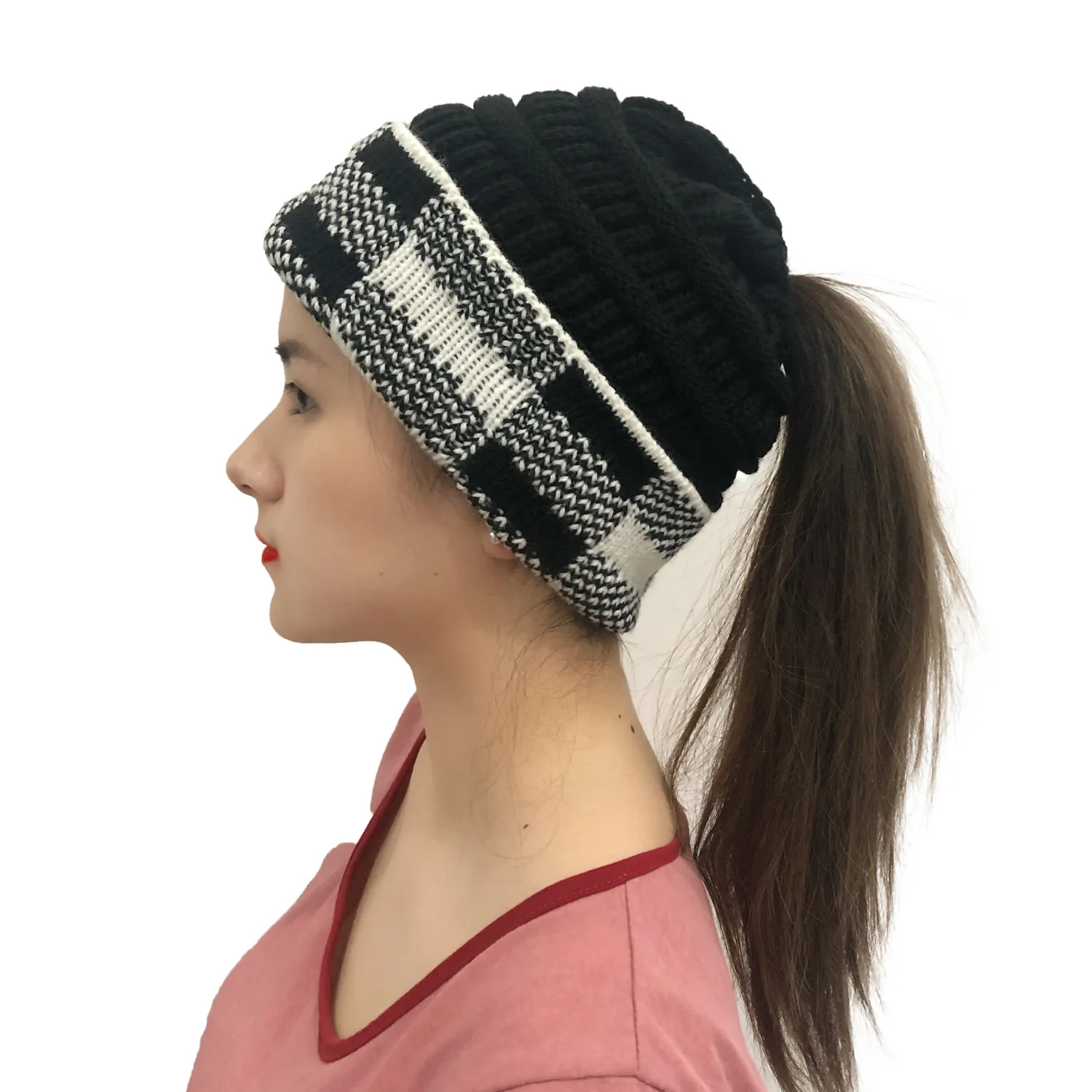 

2020 New Ponytail Beanie Women Stretch Knitted Crochet Beanies Winter Hats For Women Hats Cap Warm Lady Messy Bun Wholesale