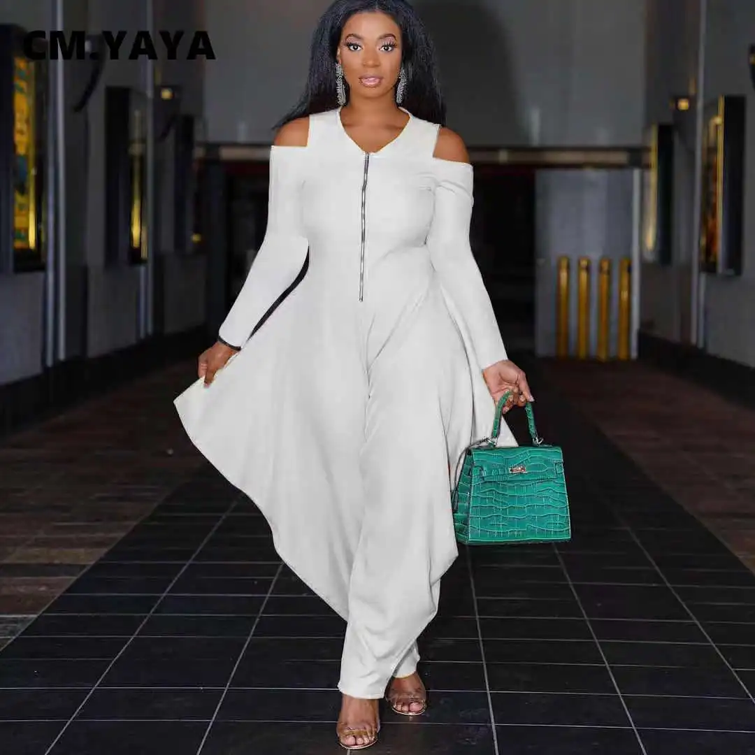Cm.yaya Women Jumpsuits Solid Hollow Out Zip Loose Jumpsuit Fashion