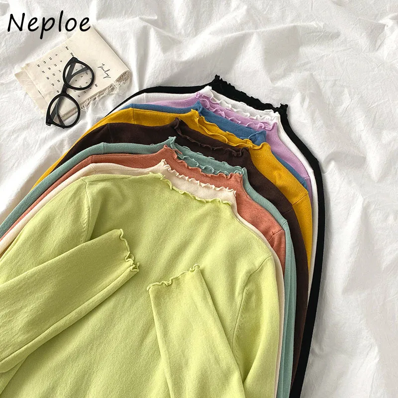 Neploe Candy Color Simple Knitted Sweaters Women Autumn New Half-high Collar Long Sleeve Pullovers 2021 Slim Fit All-match Tops | Женская