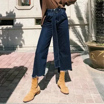 

High Waist Wide Leg Pants Fashion Woman Jeans Solid Color Pocket Autumn Winter Nine Part Denim Pants