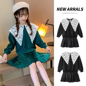 

Girls Dress Autumn New Kids Princess Dress Long Sleeve Lace Neck Pleated Dress for Girls Clothes Fashion Outfits 6 8 10 Years