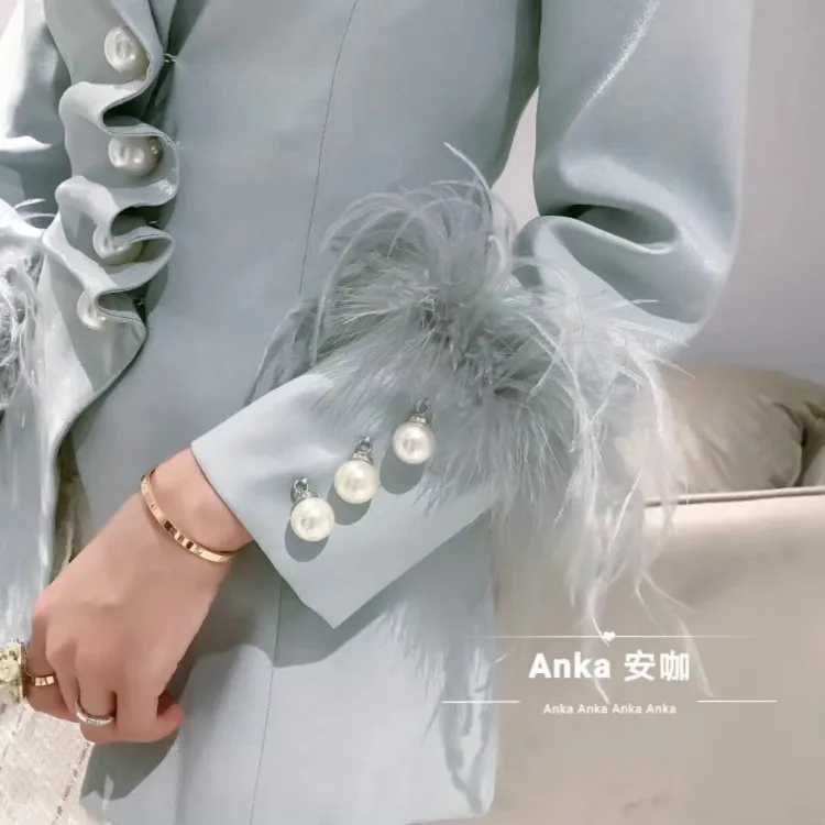 

Small Suit Coat Women's 2019 Autumn Graceful Elegant Non-symmetrical Pleated Waist Hugging Feather Pearl Clasp Suit Coat