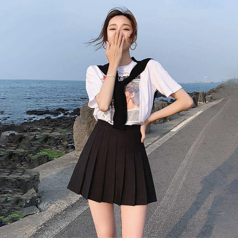 プリーツスカート女性ハイウエスト白黒秋冬ミニスカート韓国ファッションaライン学生制服段faldas Aliexpress Women S Clothing
