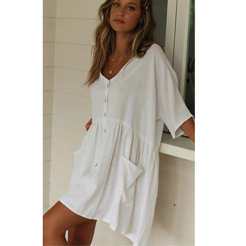 Bikini White Beach dress Cotton Beach Cover up Kaftan Beach Pareos de Playa Mujer Saida de Praia Pocket Cover-ups Swimsuit