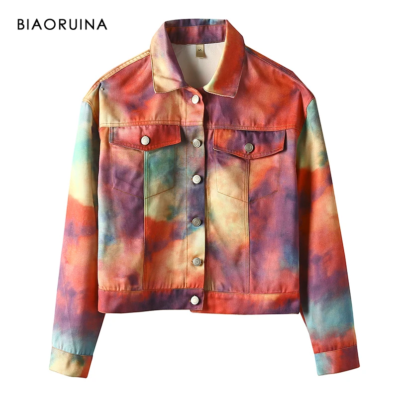 Most effective  BIAORUINA Women's Colorful Ink Printing Denim Jacket Coat Female Single Breasted Straight Coat Turn