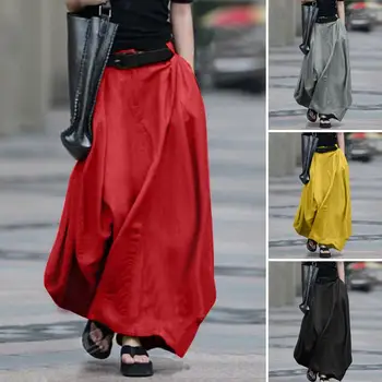 

2020 ZANZEA Elegant Women's Linen Maxi Skirts Spring Sundress Summer Elastic Waist Vestidos Female Button Robe Femme Plus Size