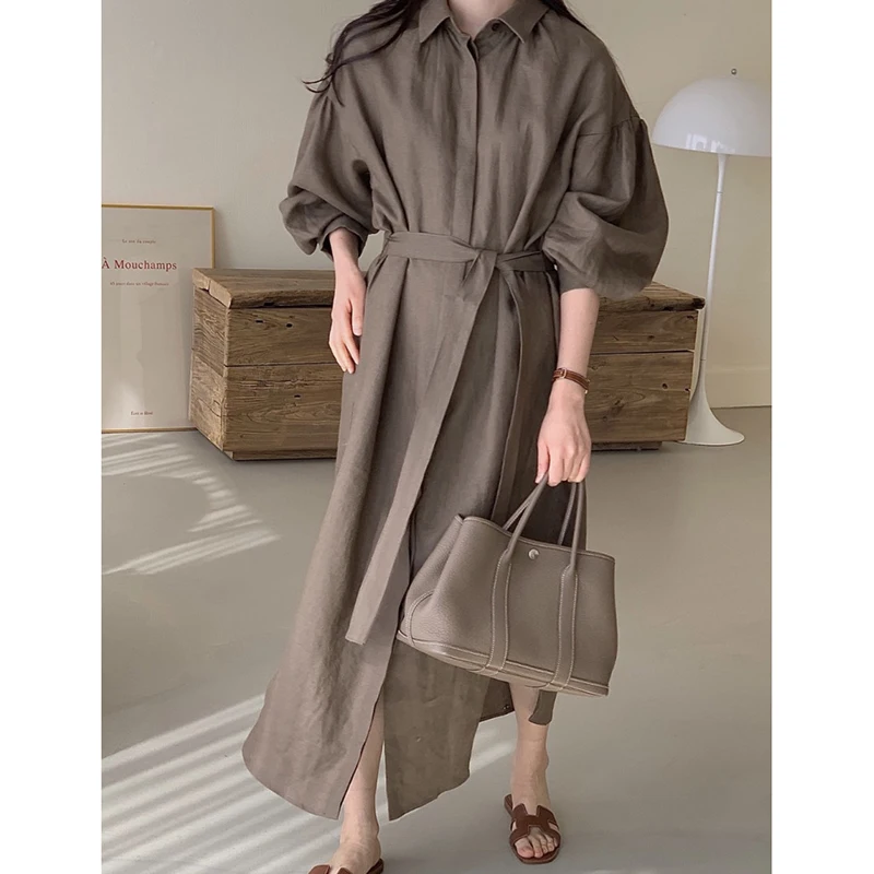 

Autumn Vintage Loose Women Dress Vintage Ladies Vestidos Lantern Sleeve Lace-up Female Dress 2021 New Women Party Midi Vestidos