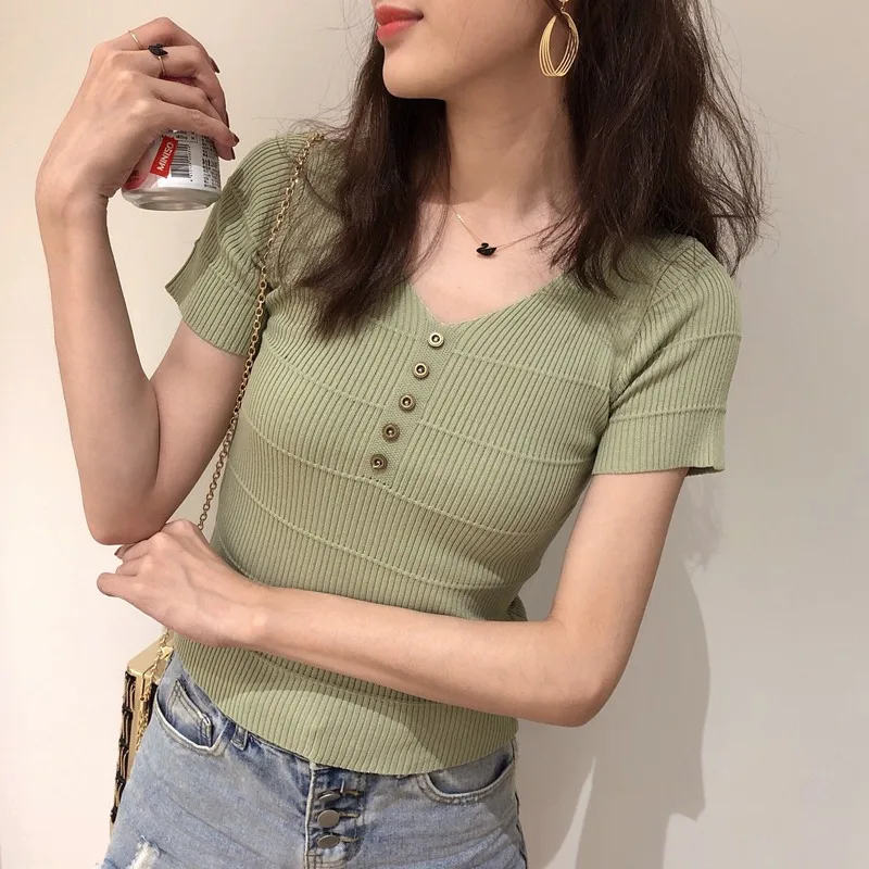 

2019 Summer Women's Fashion V-Neck Buttons Solid Short Sleeve Knitted Sexy Basic Pullover Casual Female Top Tees T-Shirt