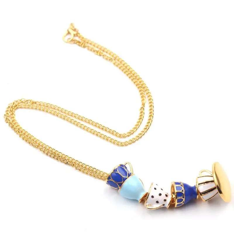 

Enamel Stacked Tea Cup Pendant Necklace Long Sweater Chain Woman Fashion Jewelry