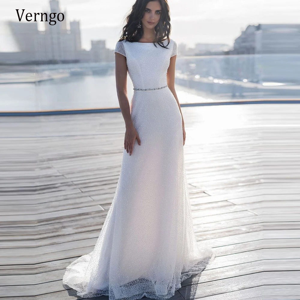 

Verngo Short Cap Sleeves Mermaid Wedding Dress Glitter Scoop Neck Crystal Sash Low Back Simple Bridal Gowns 2021 Robe de mariage