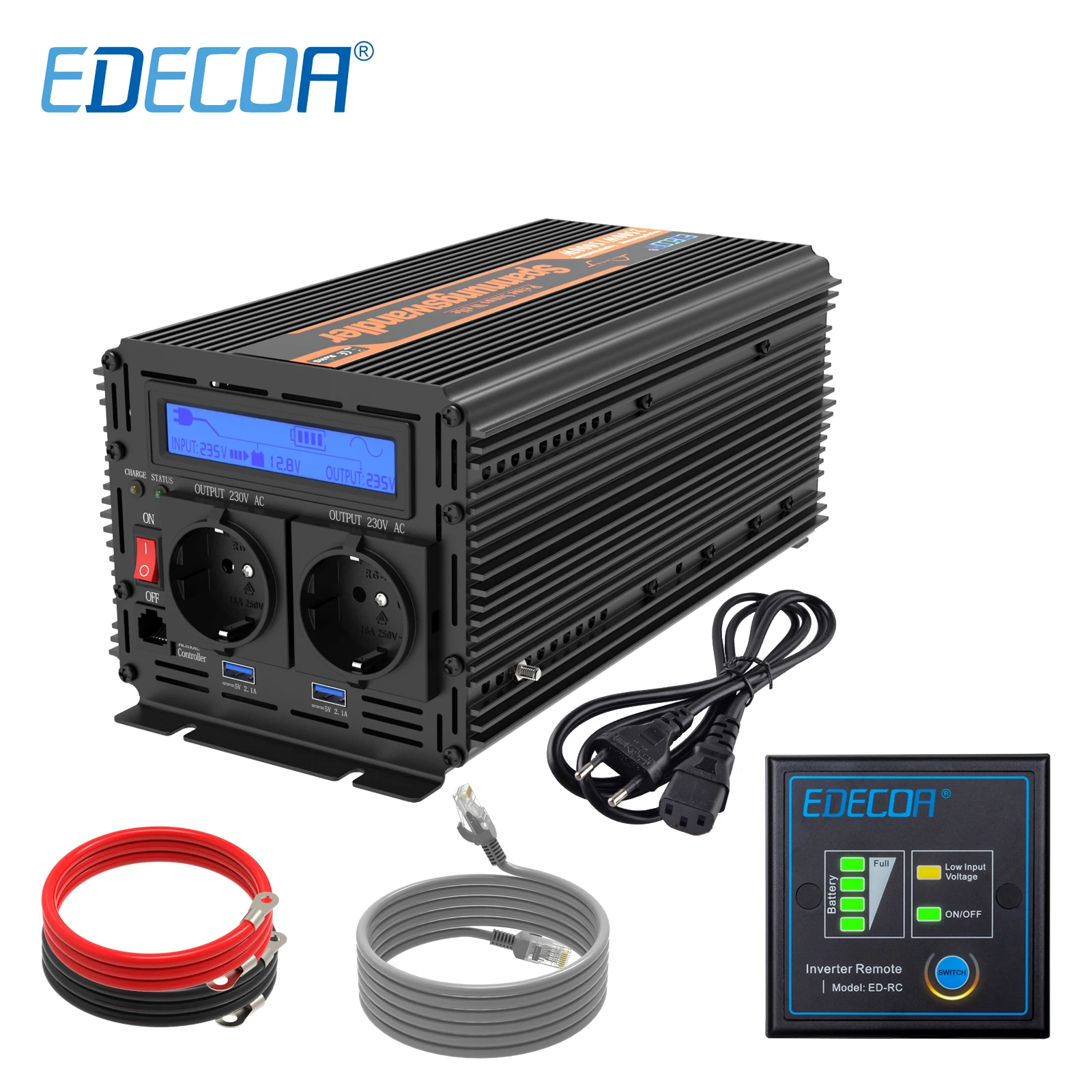 EDECOA UPS Charger 1500W 3000W DC 12V AC 220V 230V 240V Pure Sine Wave USB Remote Controller LCD Display Power Inverter