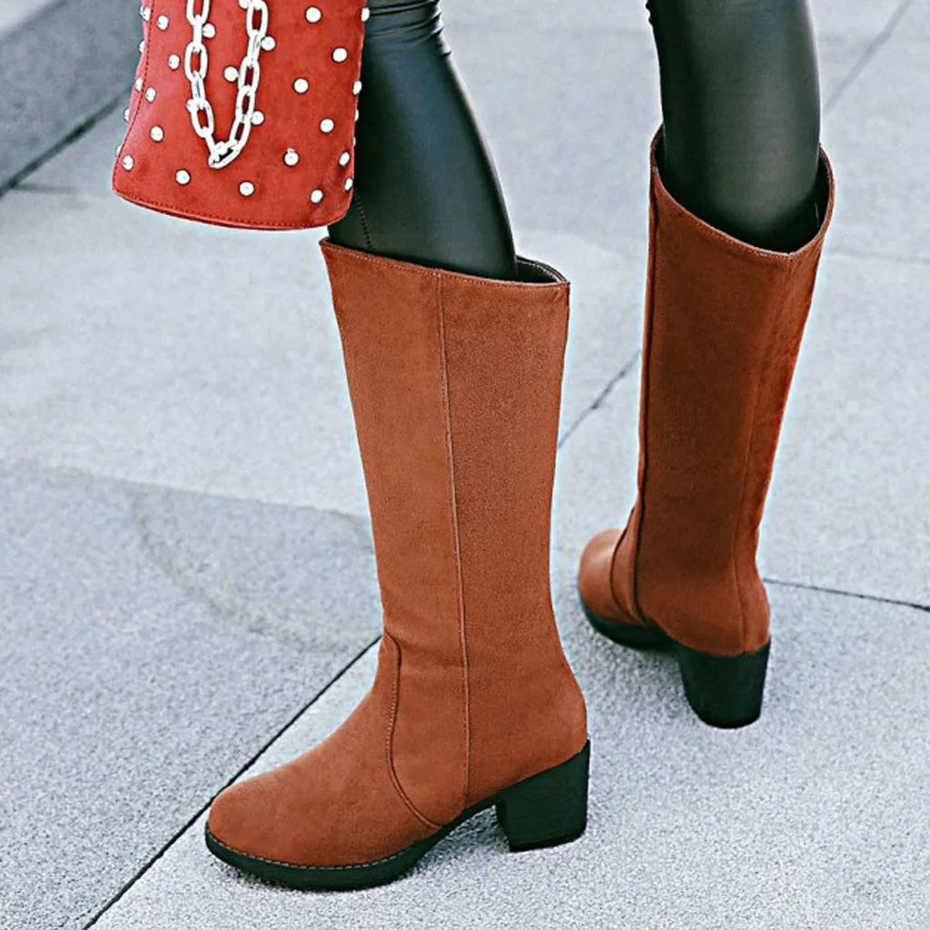 Winter Warm Knee High Boots Womens Snow Boots High Heels Side Zipper Female Shoes Thick High Heel botines Large Size Shoe#1025