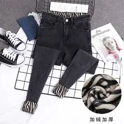 Mais velo estiramento zebra leopardo impressão interior velo jeans feminino 2021 inverno novo de cintura alta pequenos pés mãe jeans